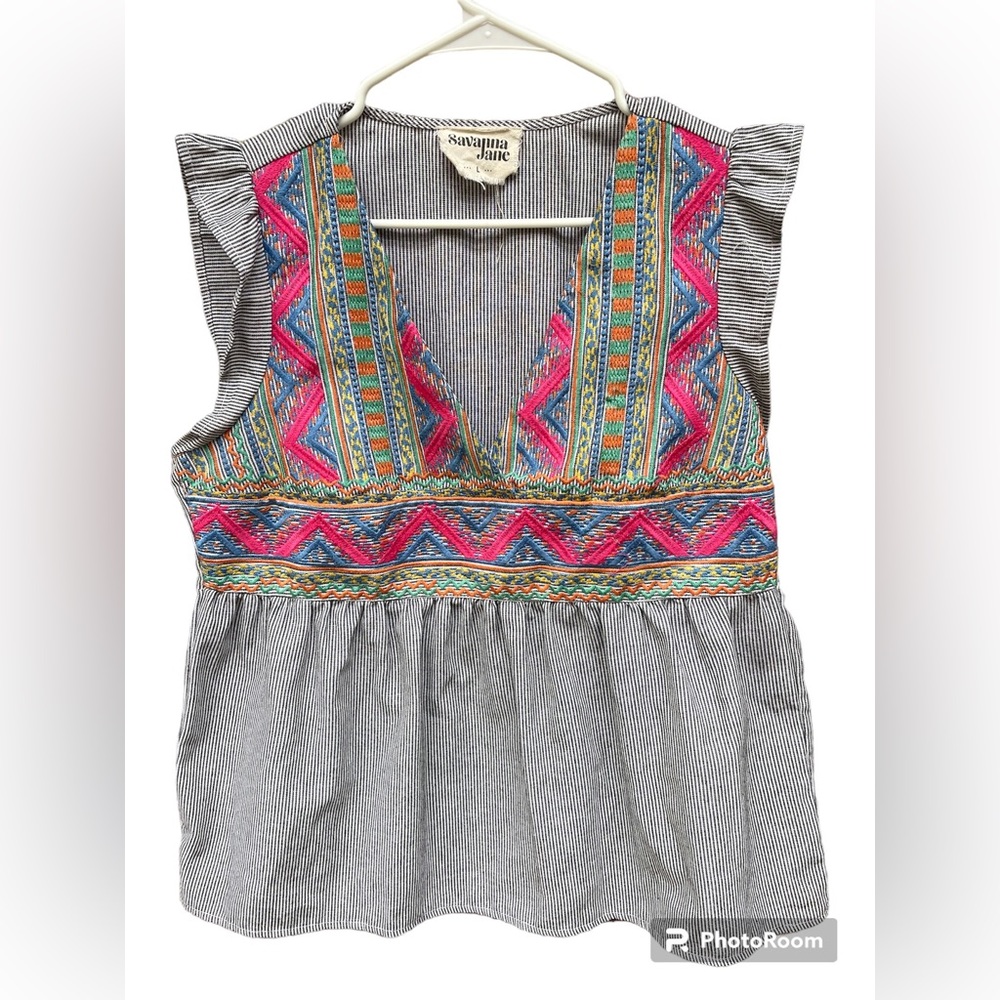 Savanna Jane blue and white Striped Baby doll top with pink Aztec Embroidery L